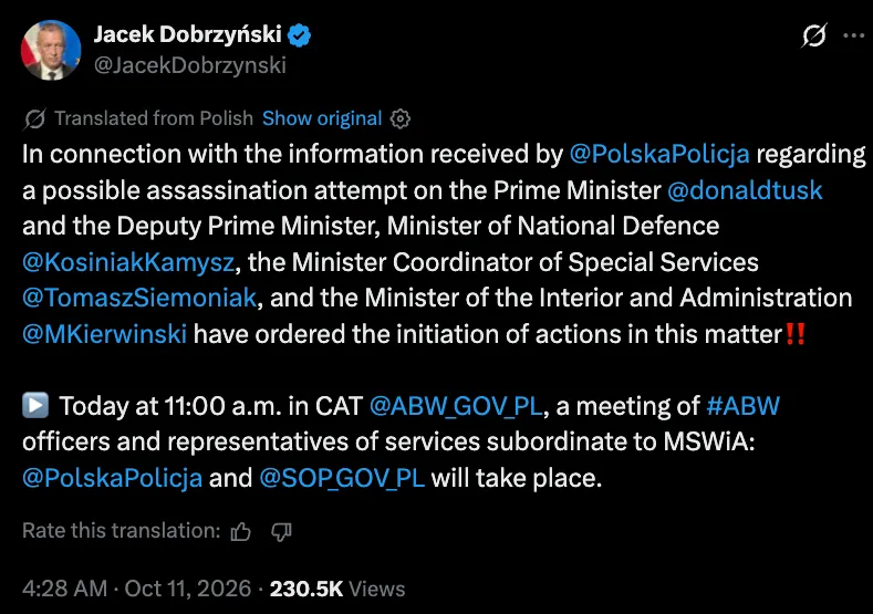 POLONIA, FERMATO UN UOMO PER IL PRESUNTO PIANO DI ATTENTATO A TUSK