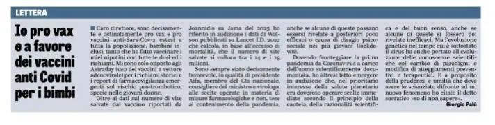 PALÙ SI DICHIARA «OSTINATAMENTE» FAVOREVOLE AI VACCINI ANTI-COVID PER TUTTI