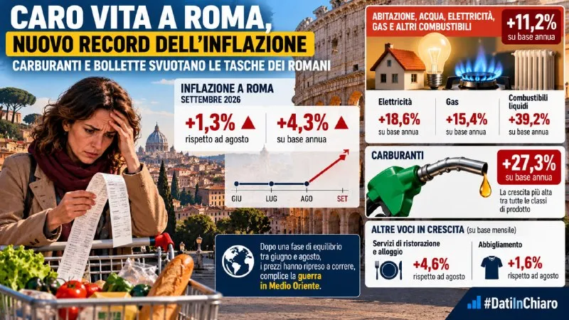 ROMA, A SETTEMBRE I PREZZI SALGONO DEL 4,3% IN UN ANNO