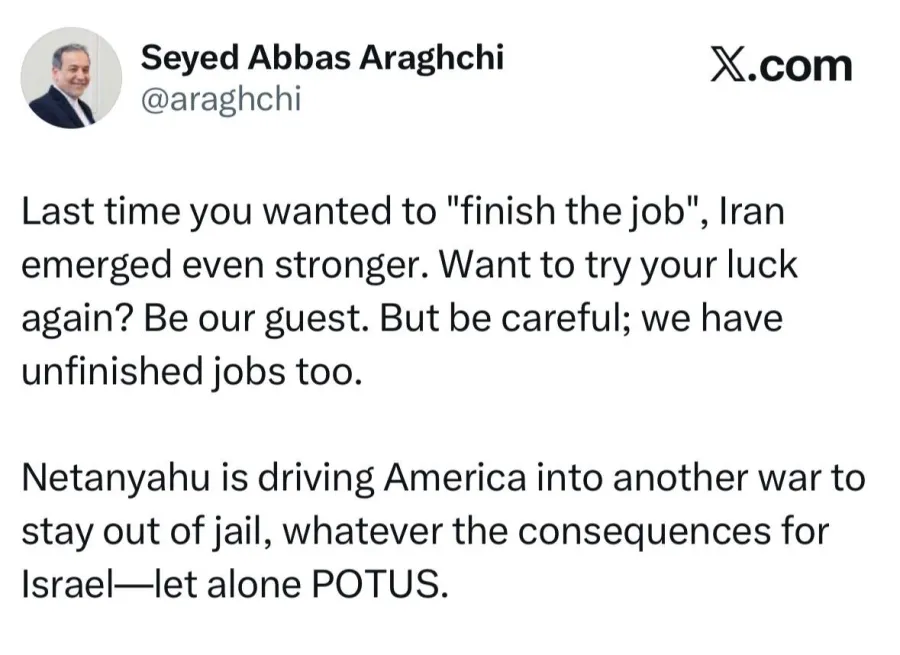 ARAGHCHI AVVERTE NETANYAHU CONTRO UNA NUOVA GUERRA CON L'IRAN