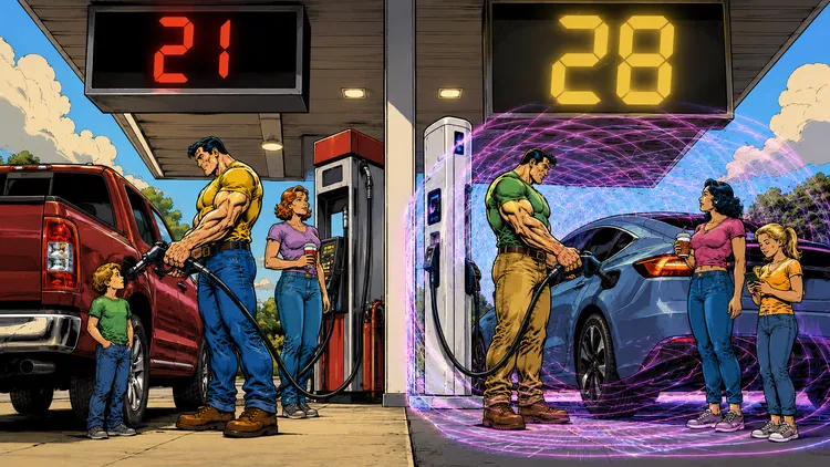 Due famiglie affiancate al rifornimento: a sinistra benzina, a destra veicolo elettrico con onde elettromagnetiche che avvolgono l'abitacolo e display di costo pi&ugrave; alto