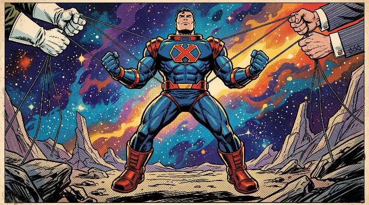Supereroe spaziale con la X sul petto tenuto per fili da mani militari e da banchiere, piedi che non toccano terra