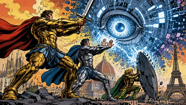 Tre figure monumentali in stile fumetto respingono un occhio meccanico luminoso composto da dati sopra le sagome di Madrid, Parigi e Berlino