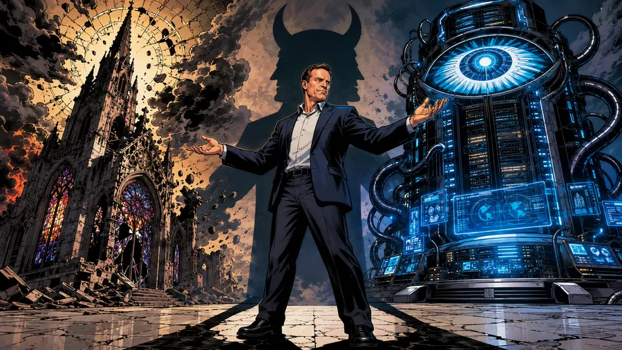 Peter Thiel in un ritratto stilizzato con simboli religiosi e tecnologici contrapposti