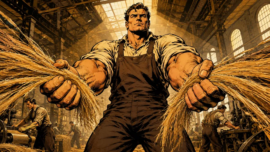 Figura operaia che lavora fasci di canapa in una filatura italiana degli anni Trenta, stile fumetto Jack Kirby e Gil Kane