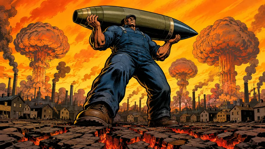 Operaio che regge un proiettile d&rsquo;artiglieria, dietro di lui ciminiere e funghi atomici stilizzati nel cielo della Valle del Sacco &mdash; illustrazione in stile Kirby+Kane