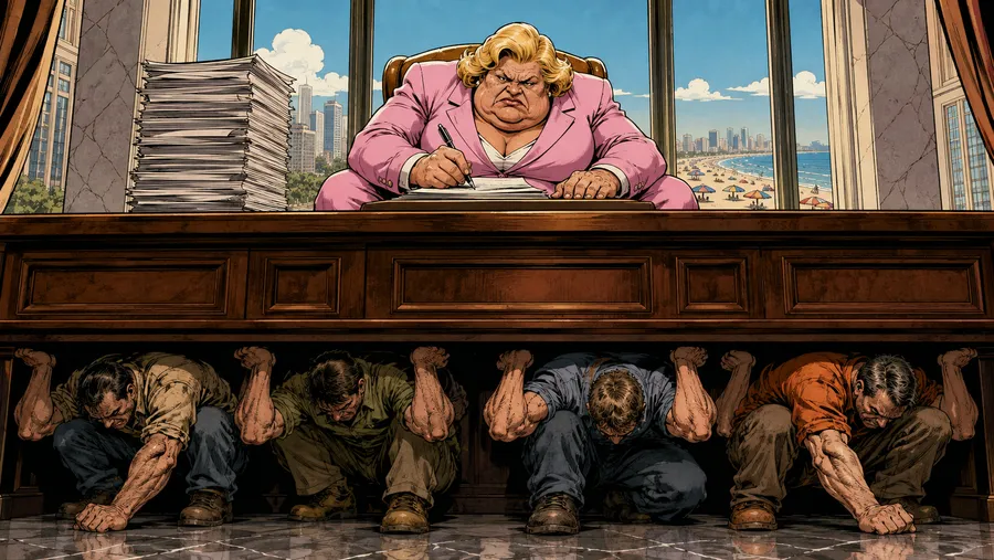 Illustrazione in stile fumetto di figura istituzionale che firma documenti mentre lavoratori sono schiacciati sotto una scrivania