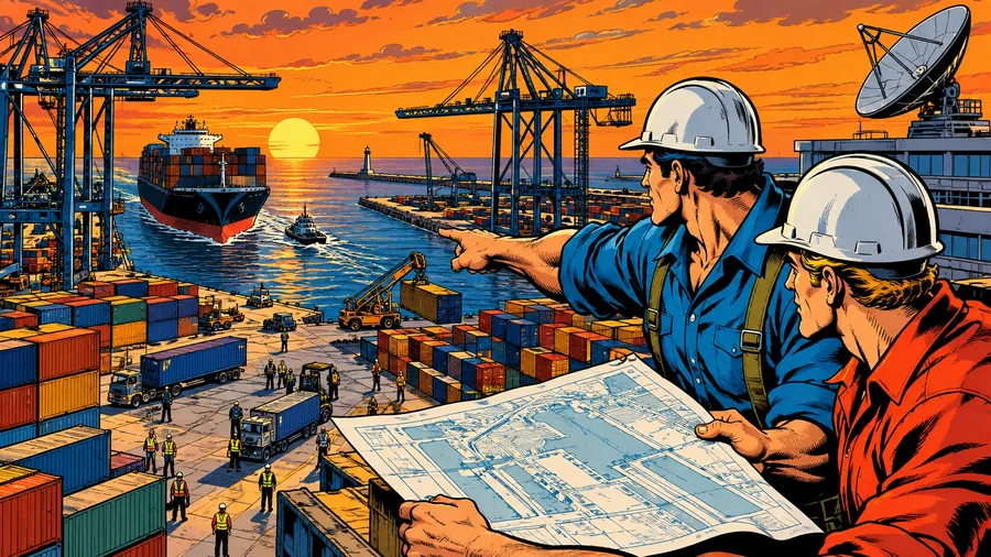 Gru di un cantiere portuale con container e una nave mercantile sullo sfondo, a simboleggiare le infrastrutture come strumento di influenza